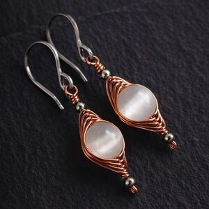 Handmade Mixed Metal Natural Selenite Wire Wrapped Herringbone weave earrings